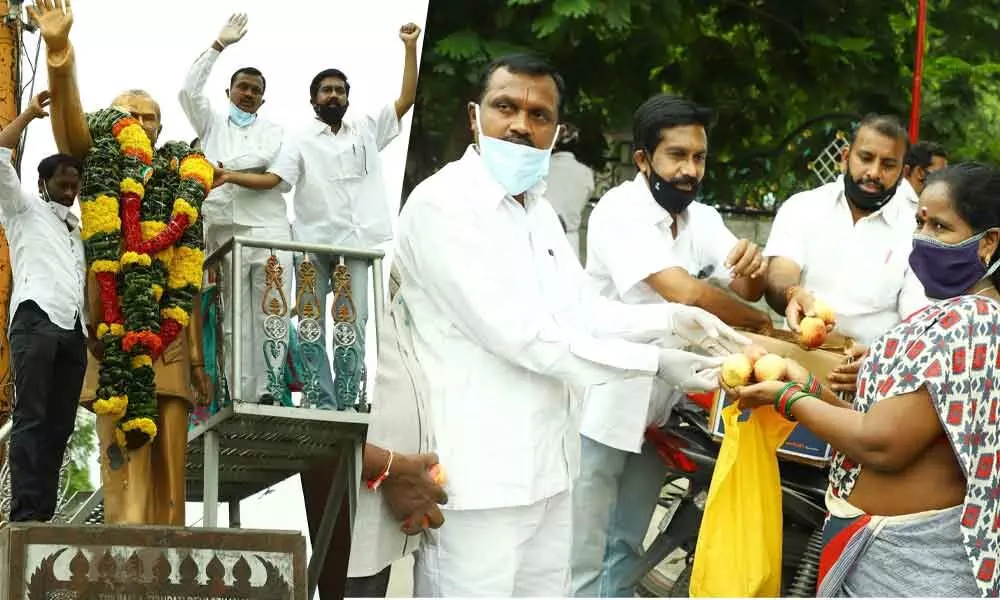 Congress leaders Dr Penubala Chandrasekhar and Rambupal Reddy celebrating 76th birthday of Rajiv Gandhi  at municipal junction in Tirupati on Thursday. (R) Congress leaders distributing fruits in Tirupati on Thursday