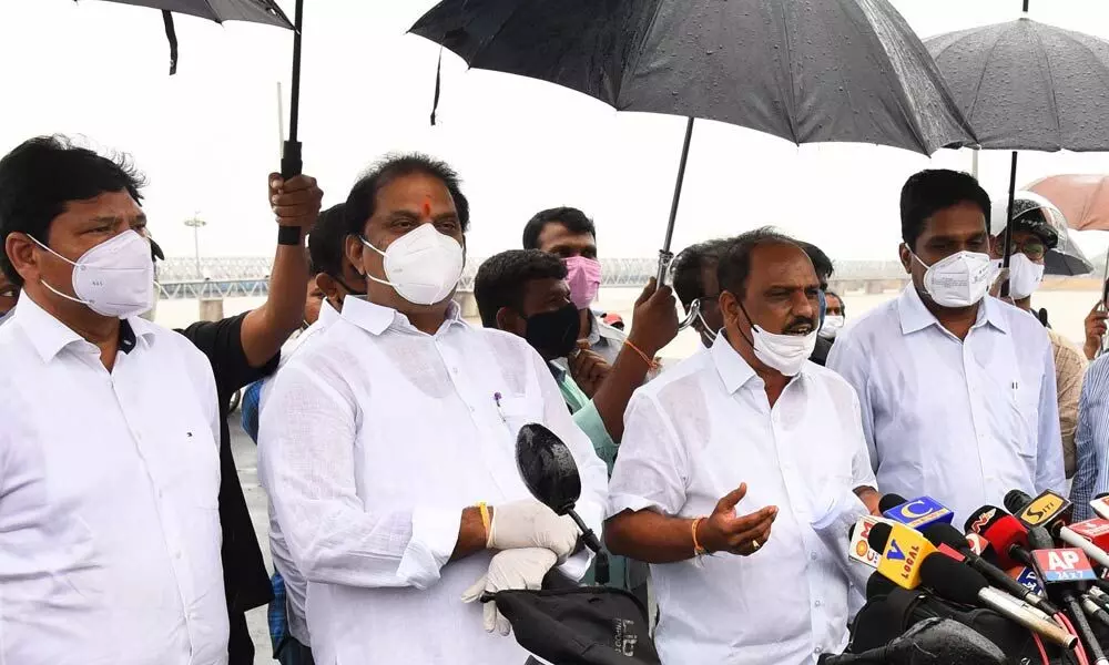 Minister Sankara Narayana and others addressing the media in Vijayawada on Thursday