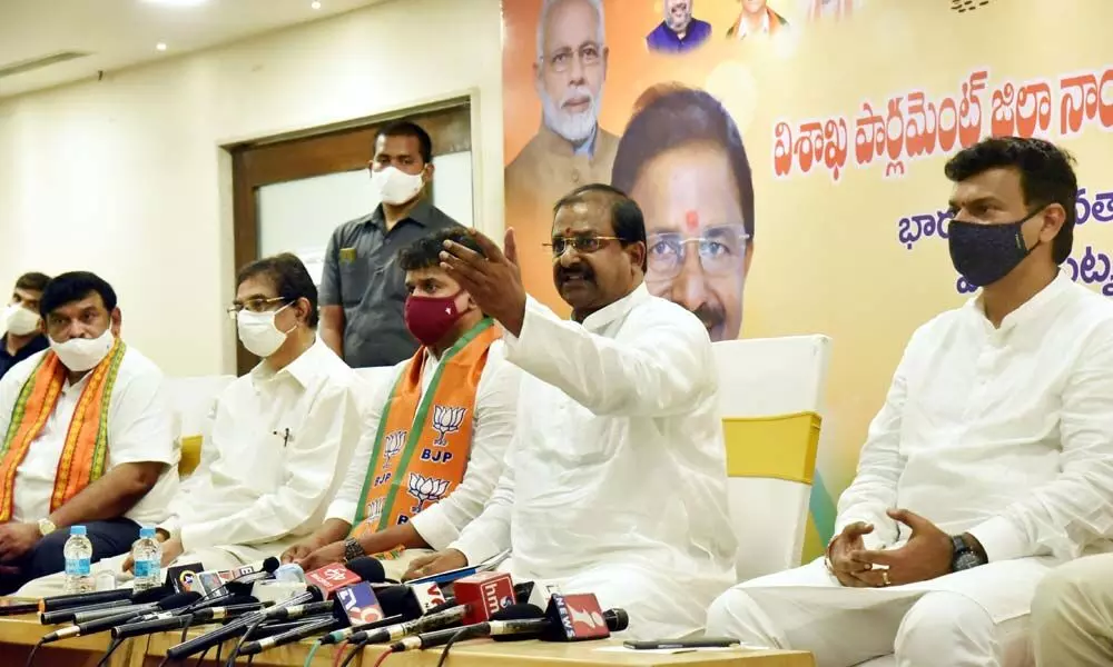 BJP State president Somu Veerraju speaking at a press conference in Visakhapatnam on Friday