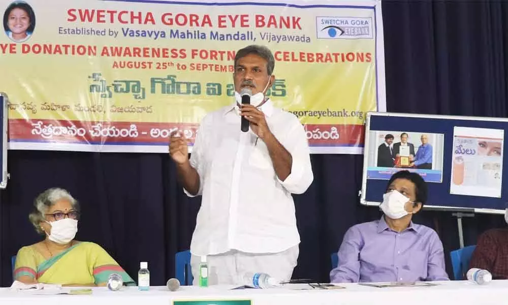 Kesineni Nani, Member of Parliament addressing the meeting after inaugurating the fortnight celebrations of eye donation programme in Vijayawada on Tuesday