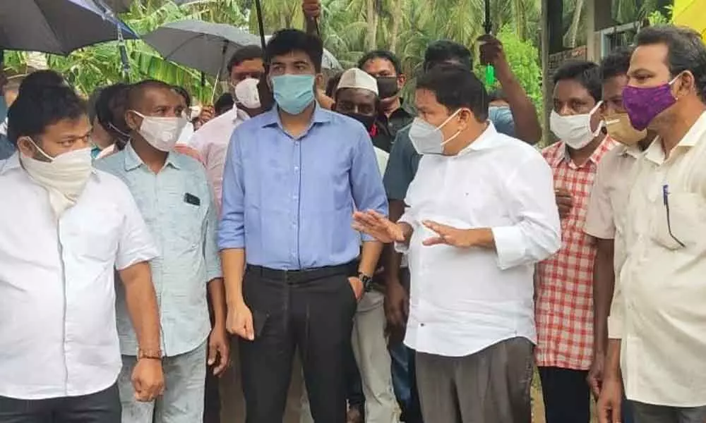 Social Welfare Minister Pinipe Viswaroop during a visit to the flood-hit  areas