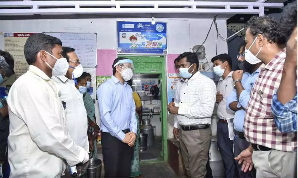 Collector Gnadham Chandrudu and MPs Talari Rangaiah and Gorantla Madhav inspect the Srija Milk Dairy in Chandragiri mandal
