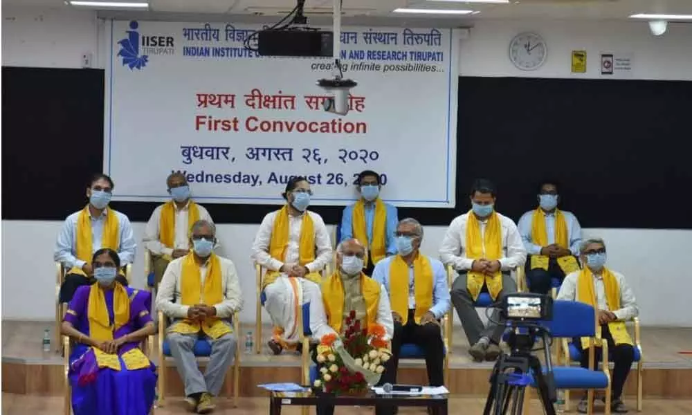 IISER Tirupati Director Prof K N Ganesh and other dignitaries at its first convocation in Tirupati on Wednesday