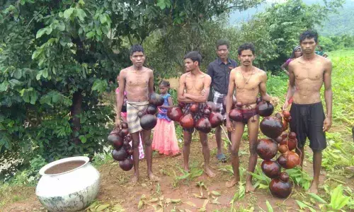 Villagers don a string of bottle gourds to cross  Gunjiwada gedda while keeping them stay afloat.