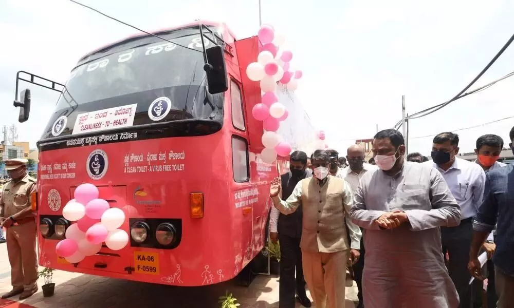 An old state-run bus which was turned into a toilet for women