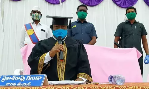 Mayor G Prakash Rao speaking at General Body meeting at Ambedkar Bhavan in Hanamkonda on Friday