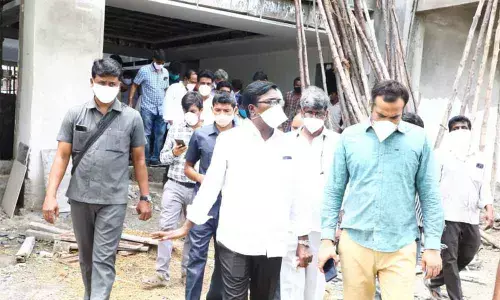 Minister for Transport Puvvada Ajay Kumar inspecting the ongoing IT Hub works in Khammam on Saturday.