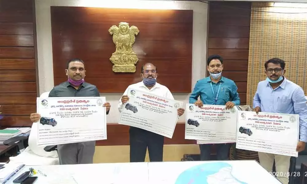 Krishna District Collector Md Imtiaz and other officials releasing a poster on neonatal ambulances in Vijayawada on Saturday