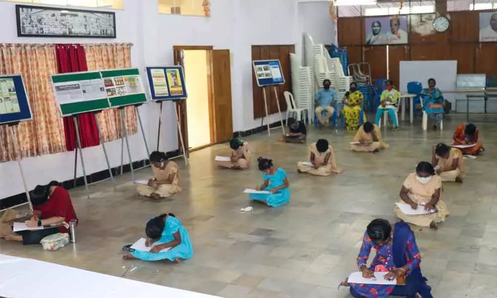 Painting competitions conducted by Swetcha Gora Eye Bank as part of  Eye Donation Awareness celebrations at Vasavya Mahila Mandali in Vijayawada on Saturday