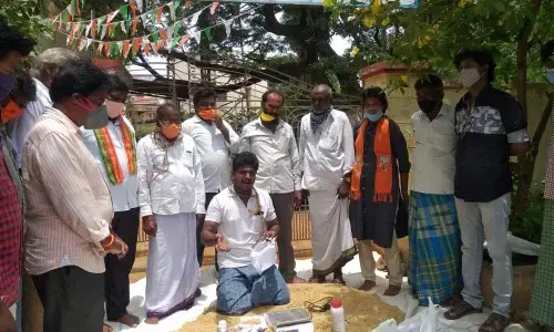 BJP leaders staging a protest in Buchireddypalem on Monday