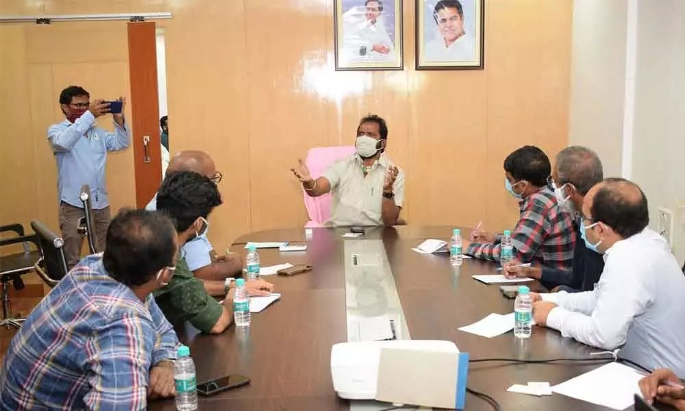 Tourism Minister V Srinivas Goud holding a meeting with the representatives of Telangana TV Serials Association in Hyderabad on Monday