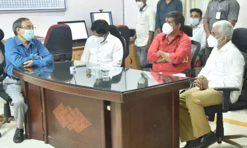 Rajya Sabha member V Vijaya Sai Reddy and Tourism Minister M Srinivasa Rao at a review meeting at VIMS in Visakhapatnam on Tuesday