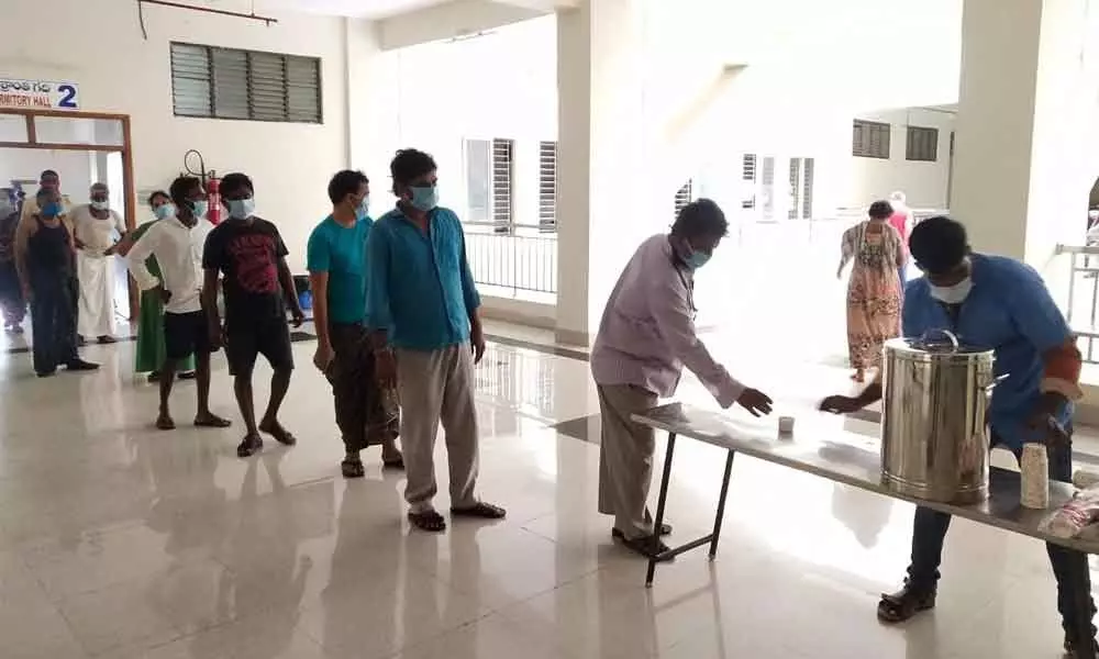 Patients getting ginger tea at Sri Padmavathi Nilayam Covid care centre in Tirupati
