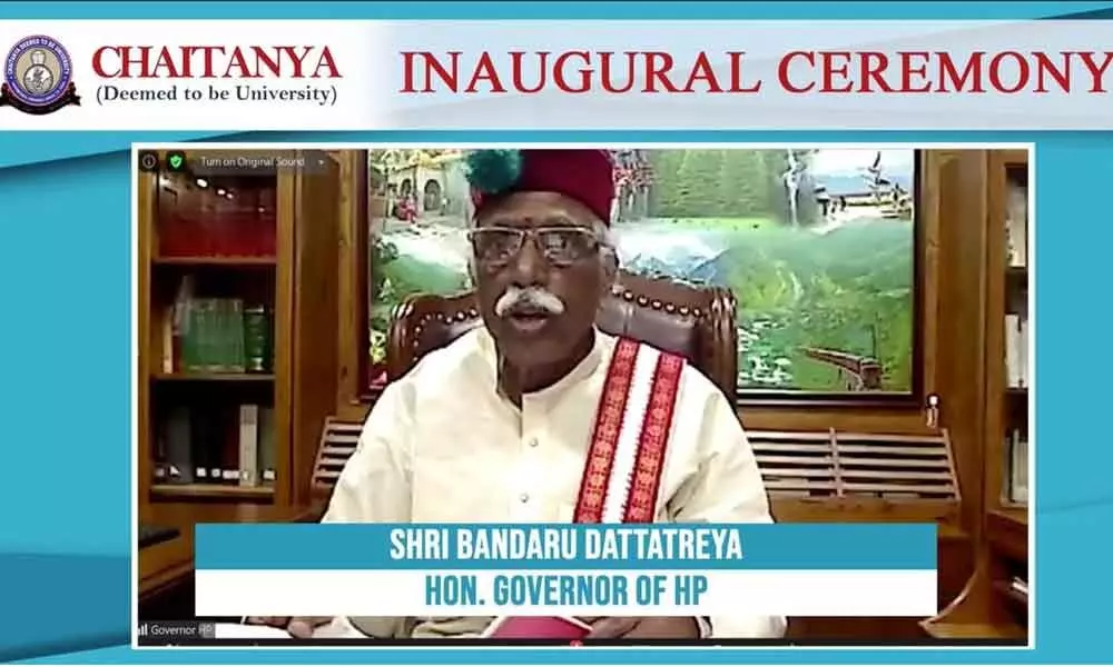 Himachal Pradesh Governor Bandaru Dattatreya making inaugural speech of Chaitanya University through virtual platform