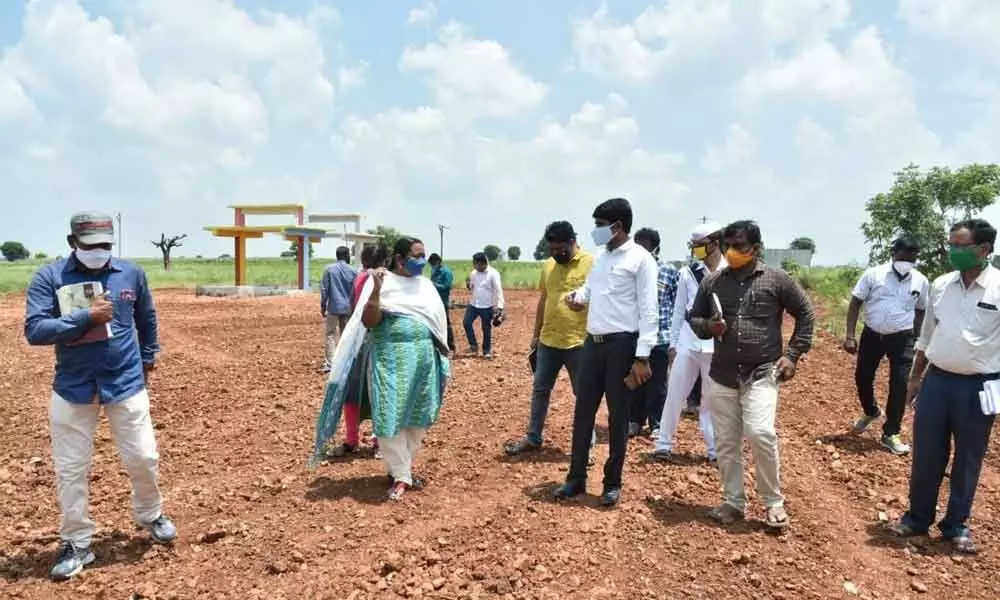 District Collector Bharati Hollikeri inspecting the construction works of Rythu Vedika at Sudhala village on Thursday
