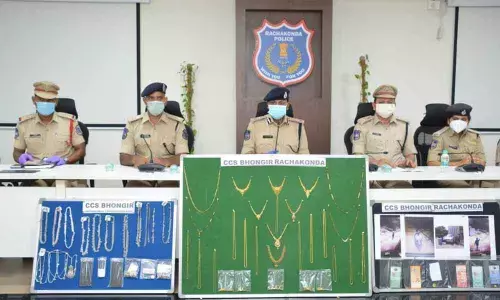 Rachakonda Additional Commissioner of Police G Sudheer Babu producing the accused before the media at Rachakonda CP office in Hyderabad on Friday
