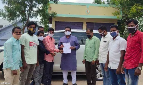 Youth leaders of Gopalraopet village submitting a memorandum to Choppadandi MLA S Ravi Shankar at his camp office in Karimnagar on Friday