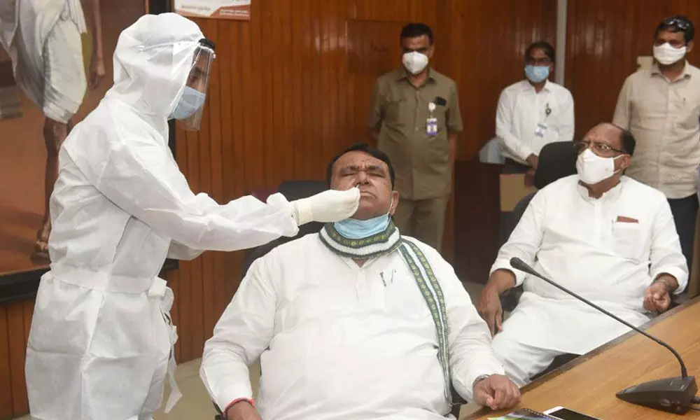 Telangana Legislative Assembly Speaker Pocharam Srinivas Reddy getting tested for Covid for the ensuing Monsoon session of Assembly, in Hyderabad on Friday