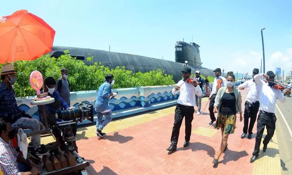 After a long time, film shooting resumes near INS Kursura submarine museum, one of the tourist spots in Visakhapatnam. Photo: A Pydiraju