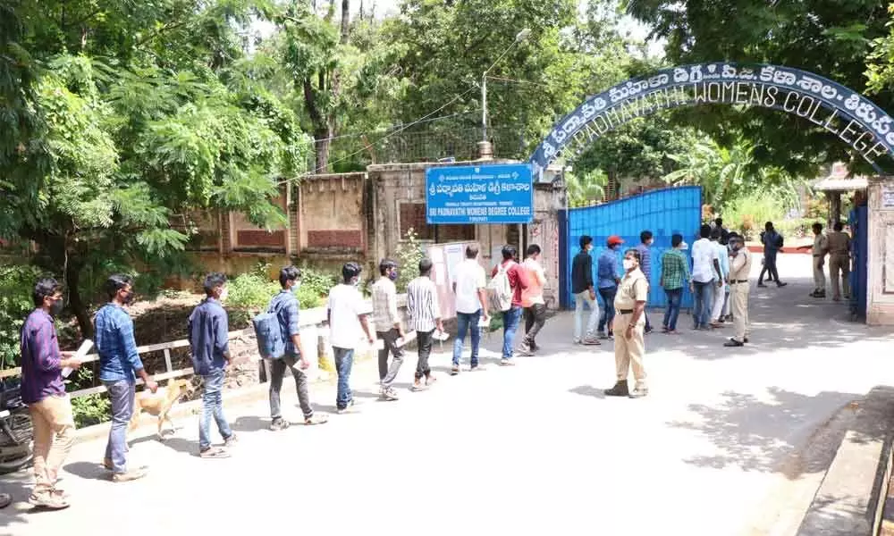 Aspirants attend NDA entrance exams at Sri Padmavathi Degree College in Tirupati on Sunday