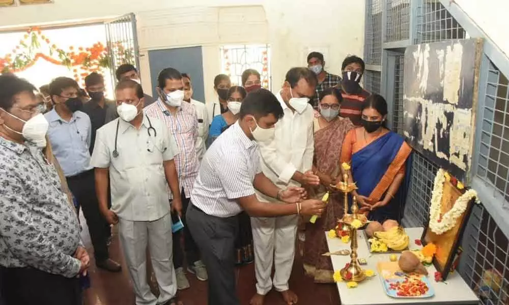 MLA Bhumana Karunakar Reddy and Chittoor District Collector  Dr N Bharat Gupta performing pooja to mark the inauguration of a new Covid care centre in Tirupati on Sunday