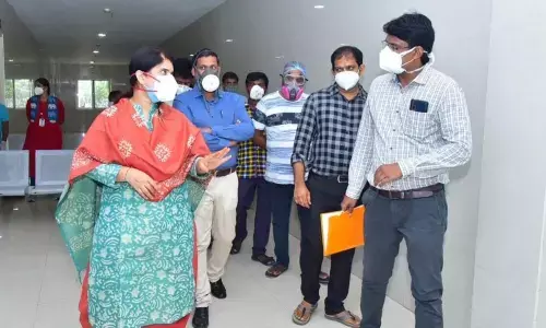 Joint Collector G Raja Kumari inspecting Team Covid-19 Hospital in Kakinada on Monday