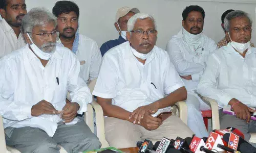 Telangana Jana Samithi (TJS) President Prof M Kodandaram speaking to media persons in Hanamkonda on Monday