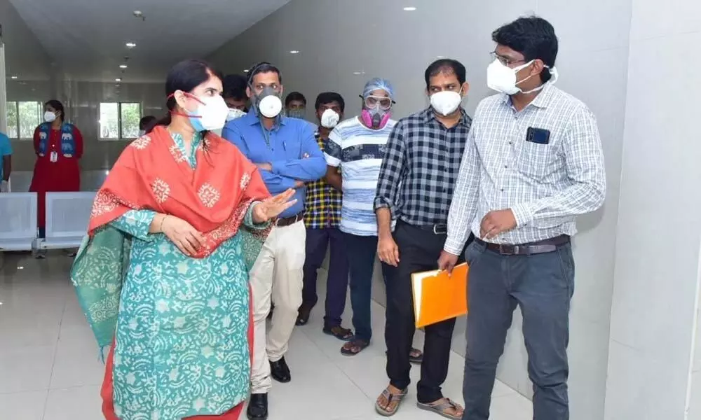 Joint Collector G Raja Kumari inspecting Team Covid-19 Hospital in Kakinada on Monday