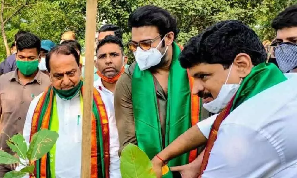 Tollywood actor Prabhas accepting Green India Challenge along with State Forest Minister A Indra Karan Reddy and TRS MP J Santosh Kumar on Monday