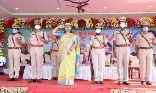 Deputy Chief Minister P Pushpasreevani receiving guard of honour from the constable cadets at the Police Training College in Vizianagaram on Tuesday