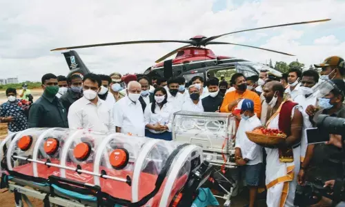 Karnataka Chief Minister BS Yediyurappa inaugurates an integrated air ambulance service at Jakkur Aerodrome in Bengaluru on Tuesday.