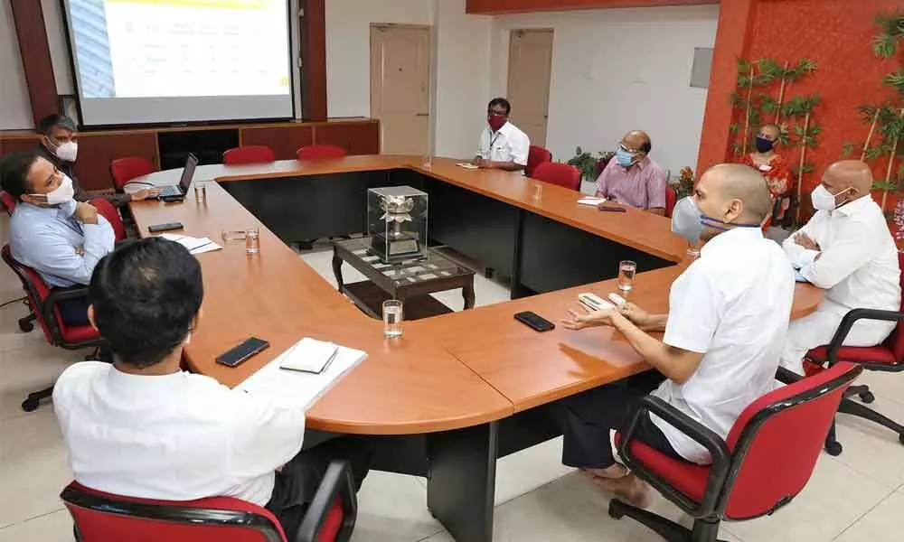 TTD Executive Officer Anil Kumar Singhal holding a review meeting with officials on the activities of S V Anna Prasadam Trust in Tirupati on Tuesday