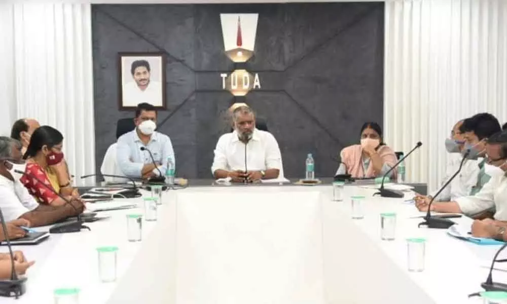 Government Whip and Chandragiri MLA Chevireddy Bhaskar Reddy conducting a meeting with officials