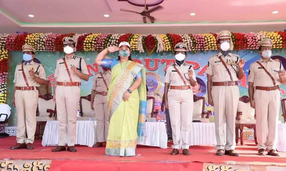 Deputy Chief Minister P Pushpasreevani receiving guard of honour from the constable cadets at the Police Training College in Vizianagaram on Tuesday
