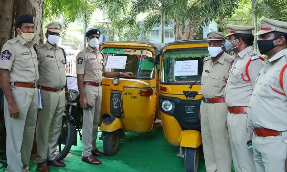 The seized autos and bikes in Chilakaluripet town on Wednesday