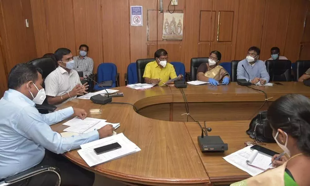 District Collector Dr N Bharat Gupta conducting a meeting with medical and health officials over increasing Covid deaths in the district, at RDO Office in Tirupati on Thursday