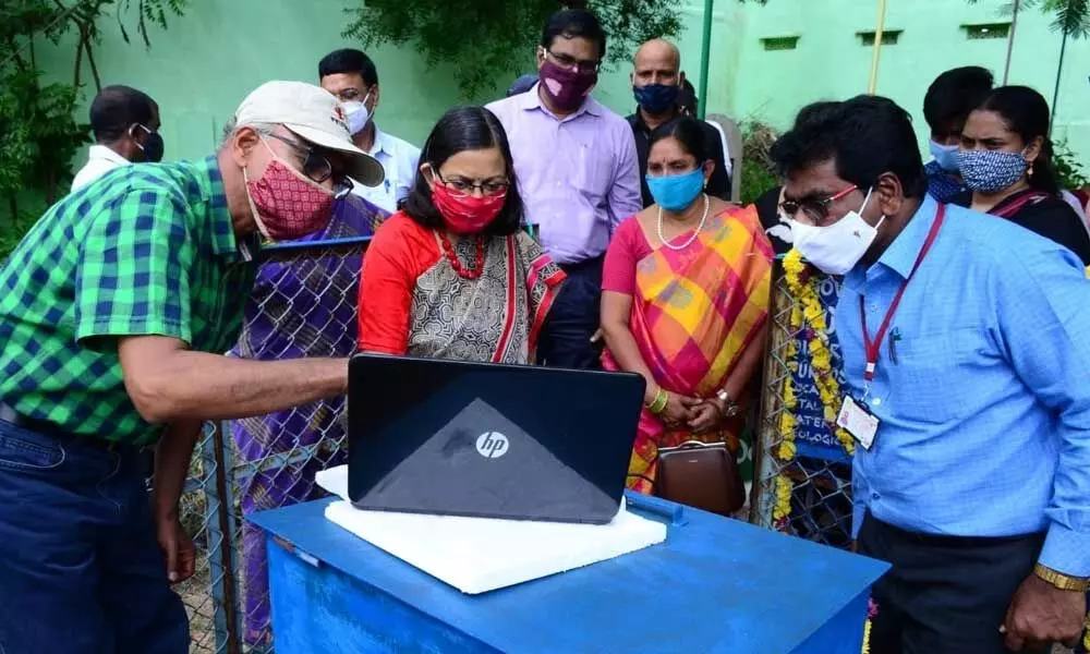 District Collector Anita Ramachandran launching digital water level recording system in Bhongir on Thursday