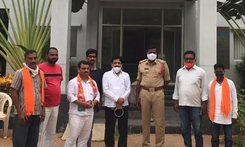 BJP leaders who were arrested by Three Town police in Karimnagar on Friday