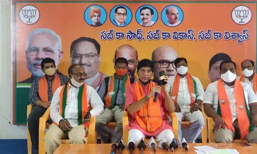 BJP Nizamabad district president Baswa Lakshmi Narasaiah addressing a press conference on Saturday