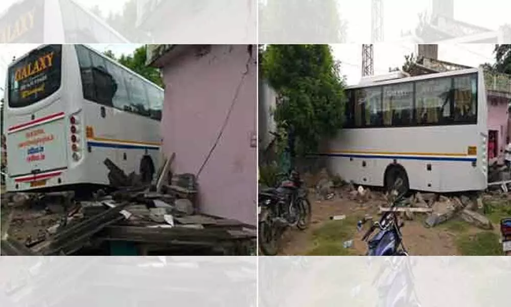 Private travels bus rams into house in Khammam, 2 injured