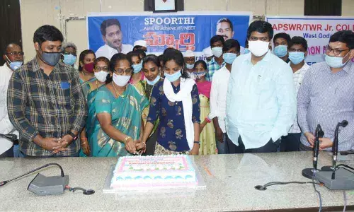 West Godavari District Collector R Muthyala Raju along with JEE (Mains) successful candidates at a motivational  programme in Eluru