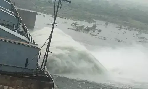 Water gushing out of SRSP after four gates were opened on Monday