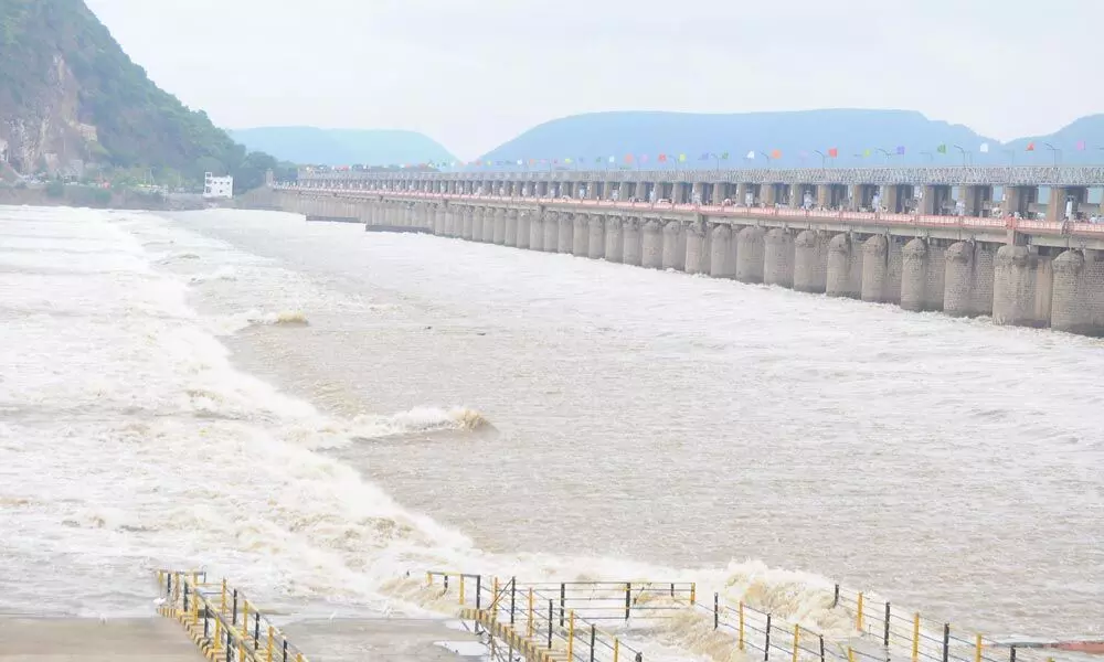 Water being released into sea from Prakasam barrage in Vijayawada