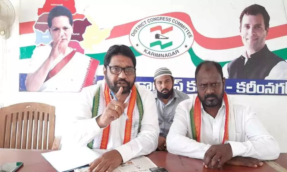 TPCC Spokesperson V Ratnakar speaking at a press meet in Karimnagar on Tuesday