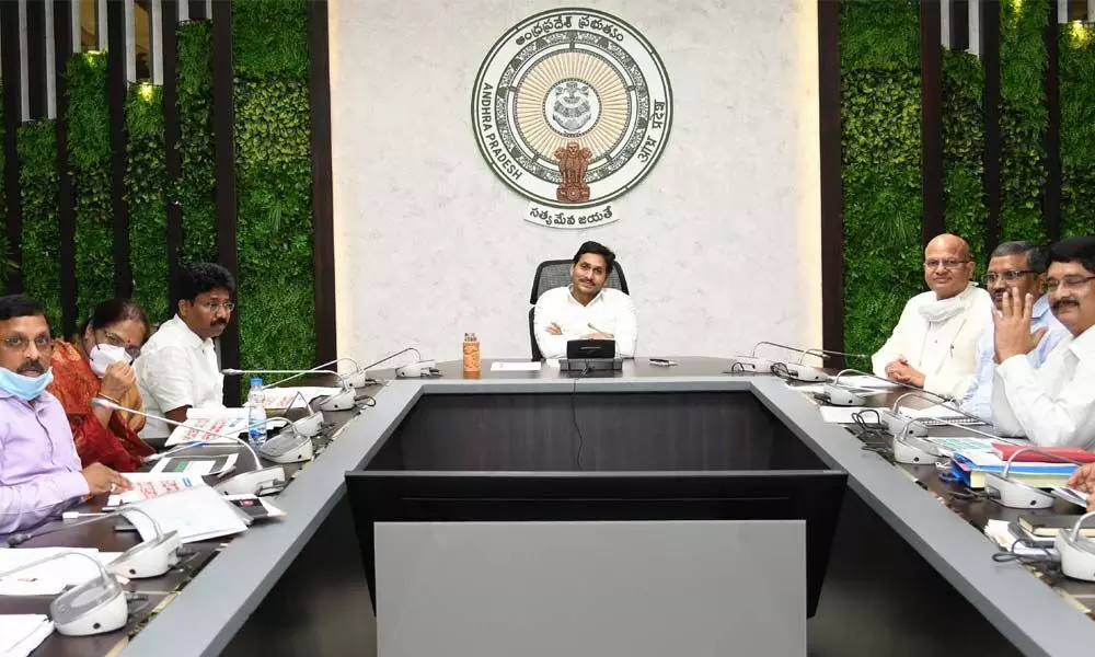 Chief Minister YS Jagan Mohan Reddy holding a review on NEP-2020 at his camp office in Tadepalli on Tuesday