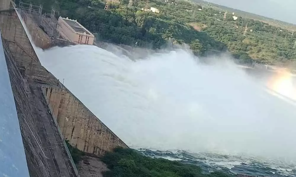 Krishna water flowing from the crest gates of Nagarjuna Sagar dam on Wednesday