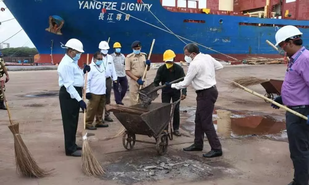 VPT Chairman K Rama Mohan Rao taking part in a cleanliness drive in Visakhapatnam on Wednesday