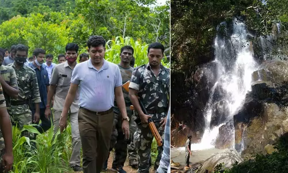 Minister S Appalaraju visiting Dalasiri waterfalls in Srikakulam district on Wednesday