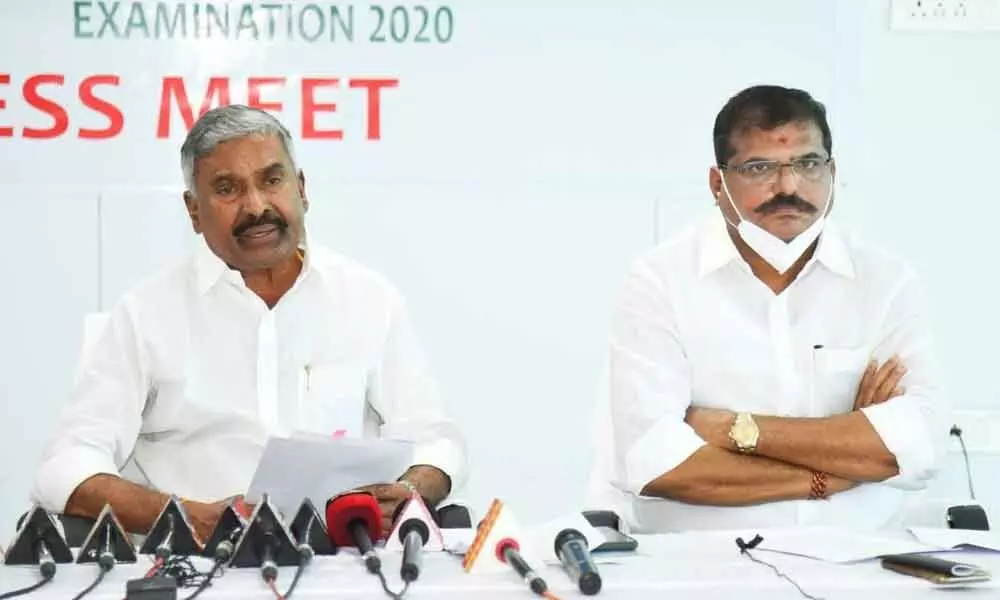 Ministers Peddireddy Ramachandra Reddy and Botcha Satyanarayana addressing the media at YSRCP central office in Tadepalli on Wednesday
