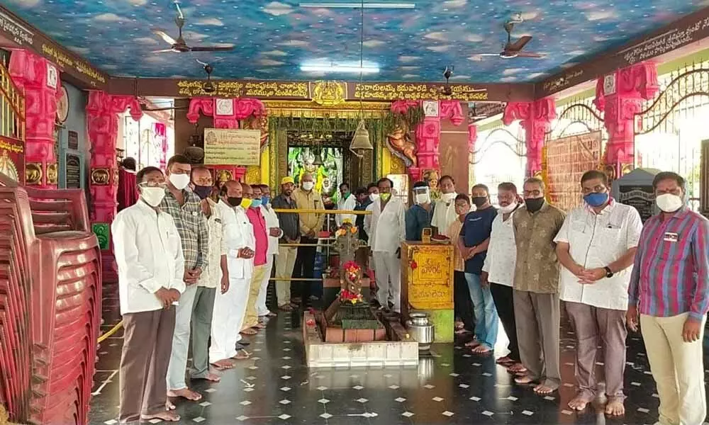 TDP leaders performing pooja at Somalamma temple in Rajamahendravaram on Friday